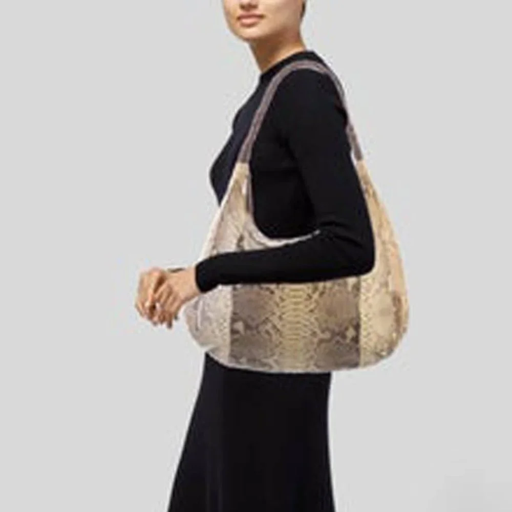 Auth Great Cond REAL natural beige brown PYTHON Carlos Falchi hobo shoulder bag